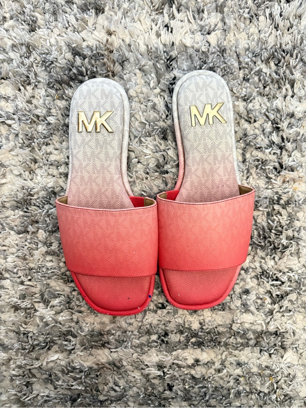 Michael Kors Coral to Light Pink Ombre Slide Sandals with Gold MK Emblem